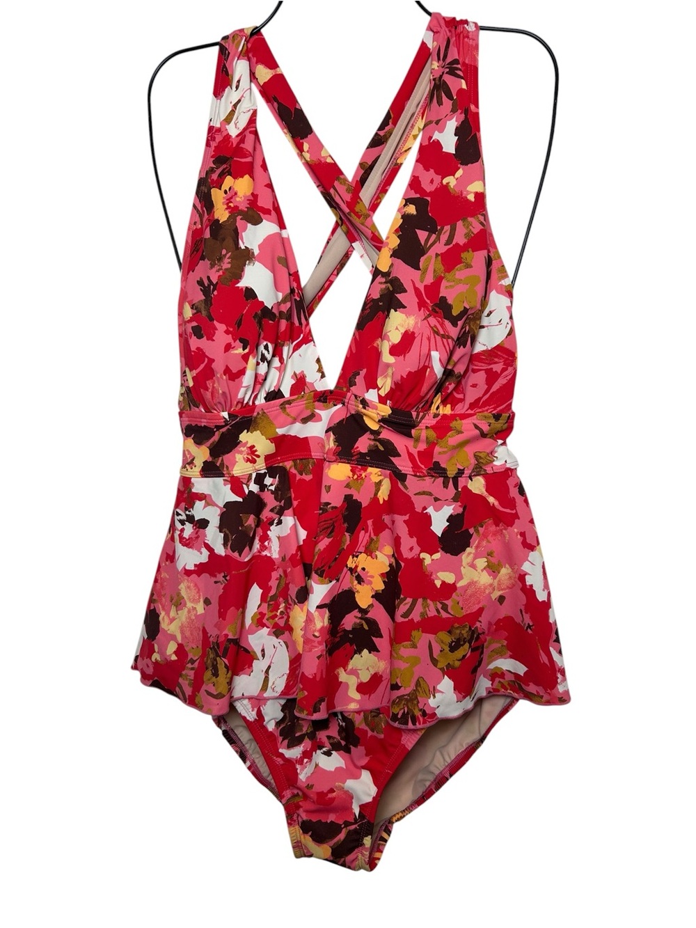 NWT Lands end floral plunge one piece swimsuit fauxkini skirt size 12 slimming